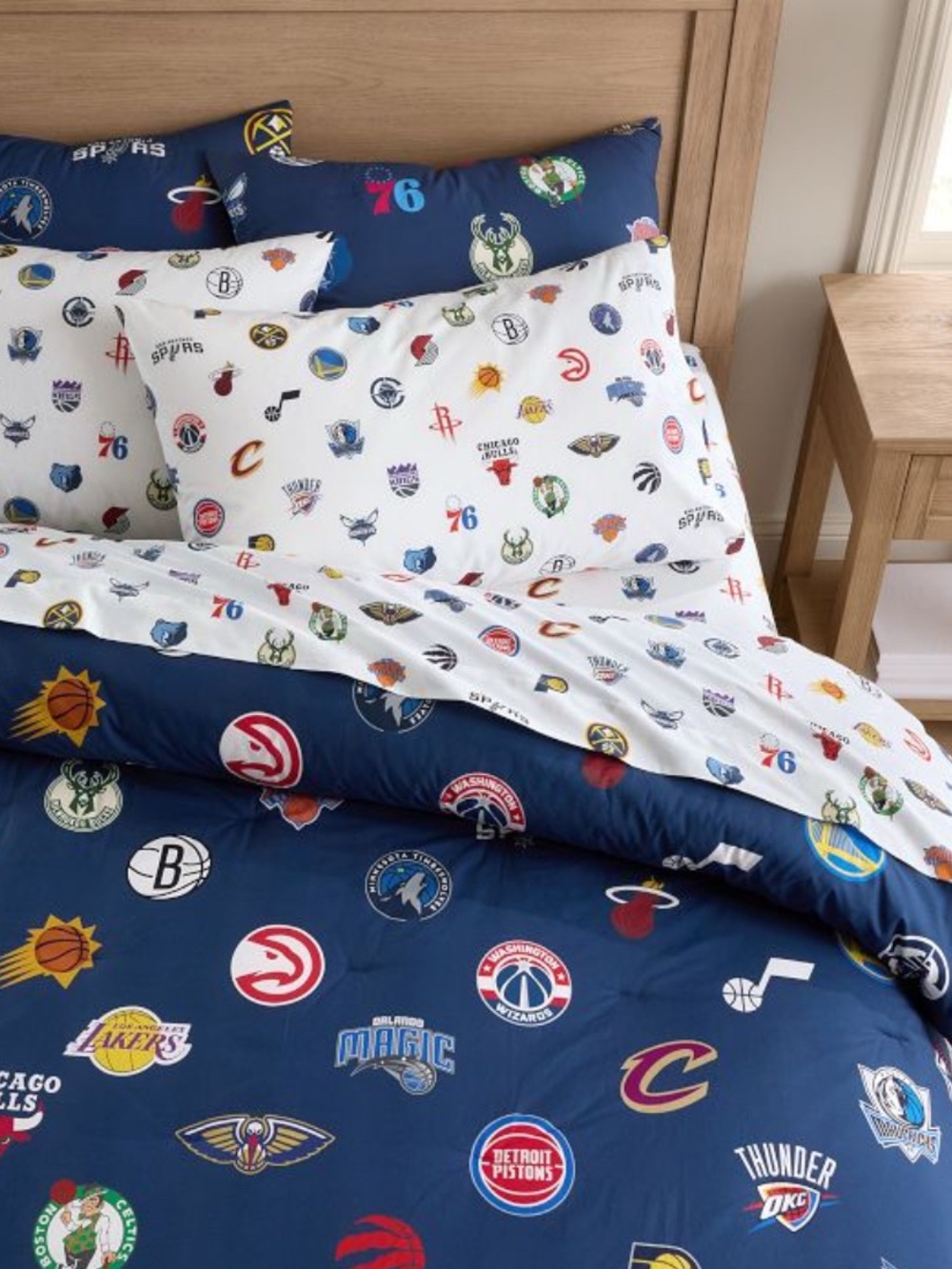 Pottery Barn Teen White NBA All Teams Sheet Set with Multi-Color Logos